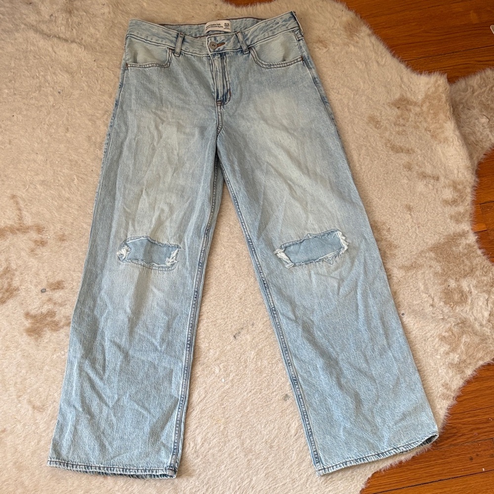 abercrombie kids Light Blue Straight-Leg Jeans with Knee Distress